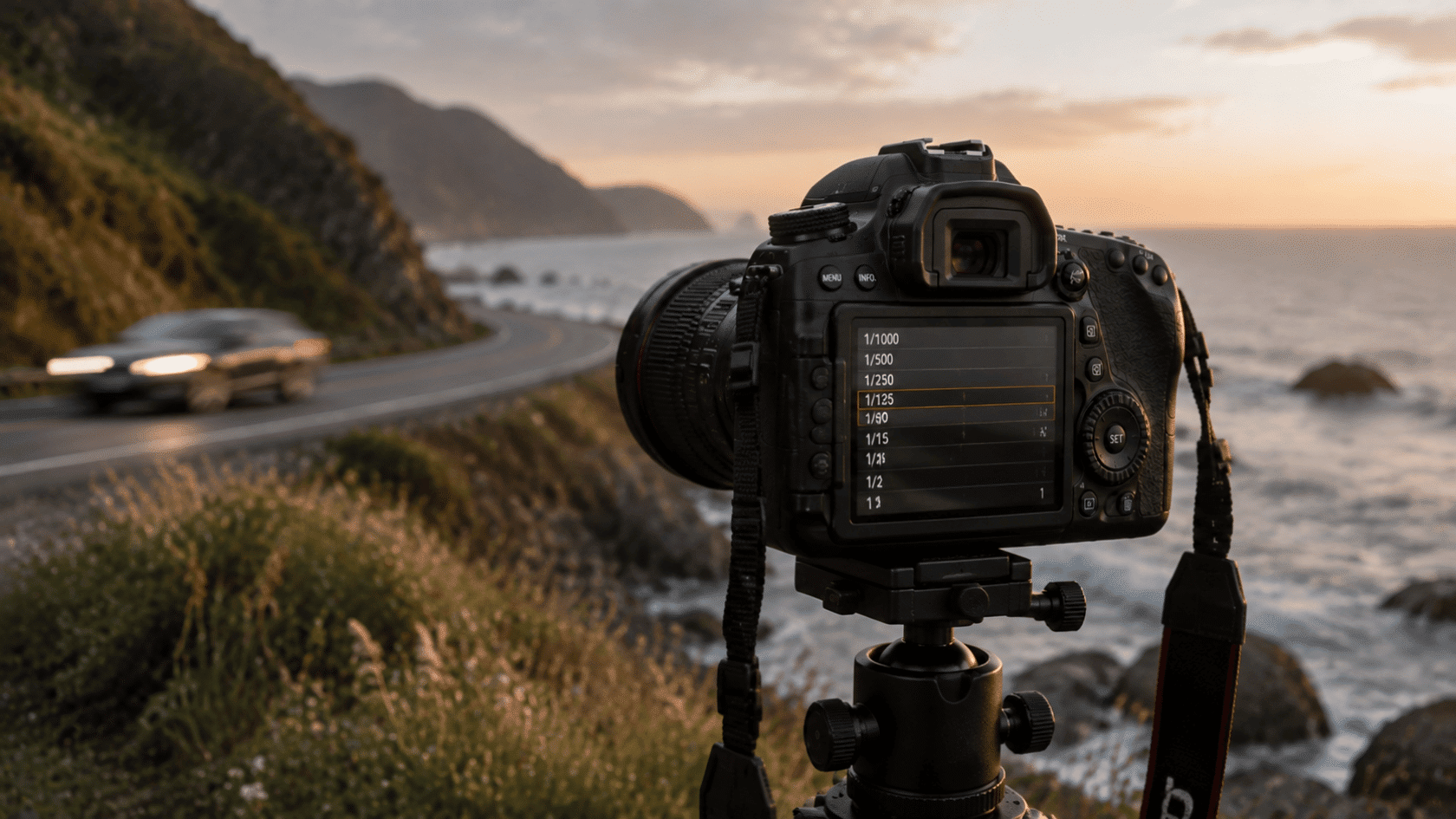 Camera settings display on a DSLR showing shutter speed settings.
