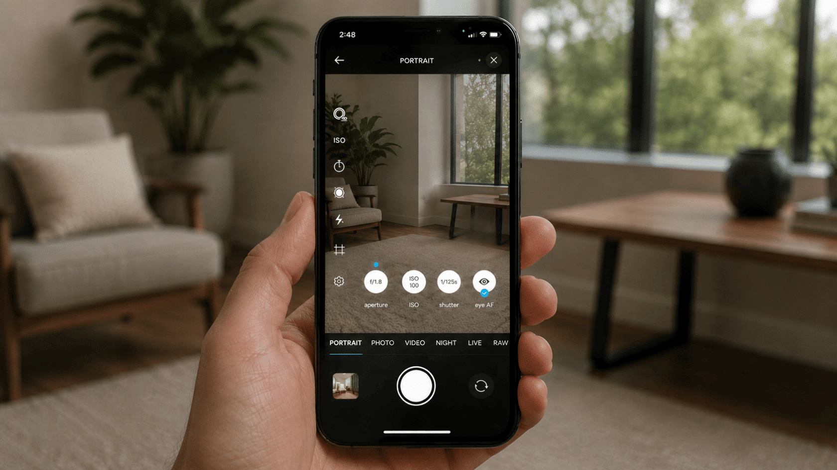 Phone screen showing camera settings app with f/1.8 aperture, ISO 100, 1/125 shutter, and face autofocus.
