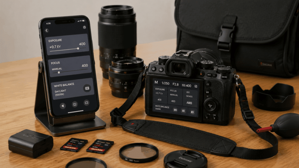 Phone and camera showing photography settings screens with equipent on the side.