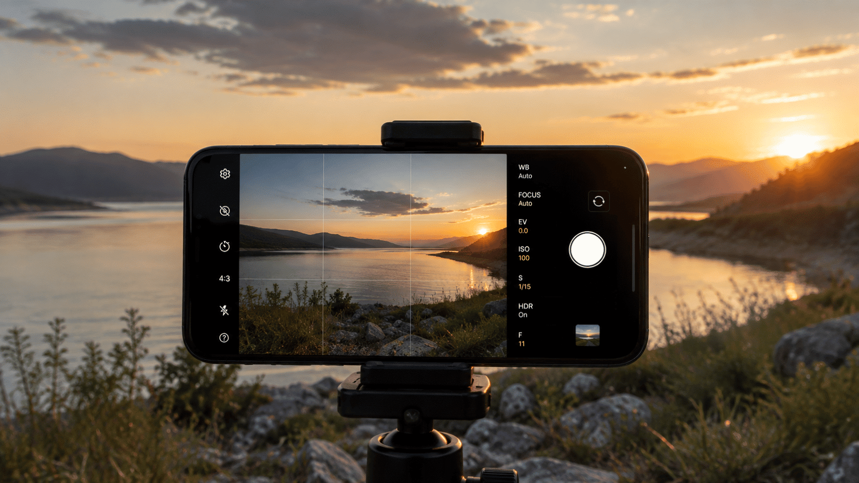 Camera settings on a tripod-mounted phone capturing a mountain lake at sunset with ISO 100, f/11, and HDR.
