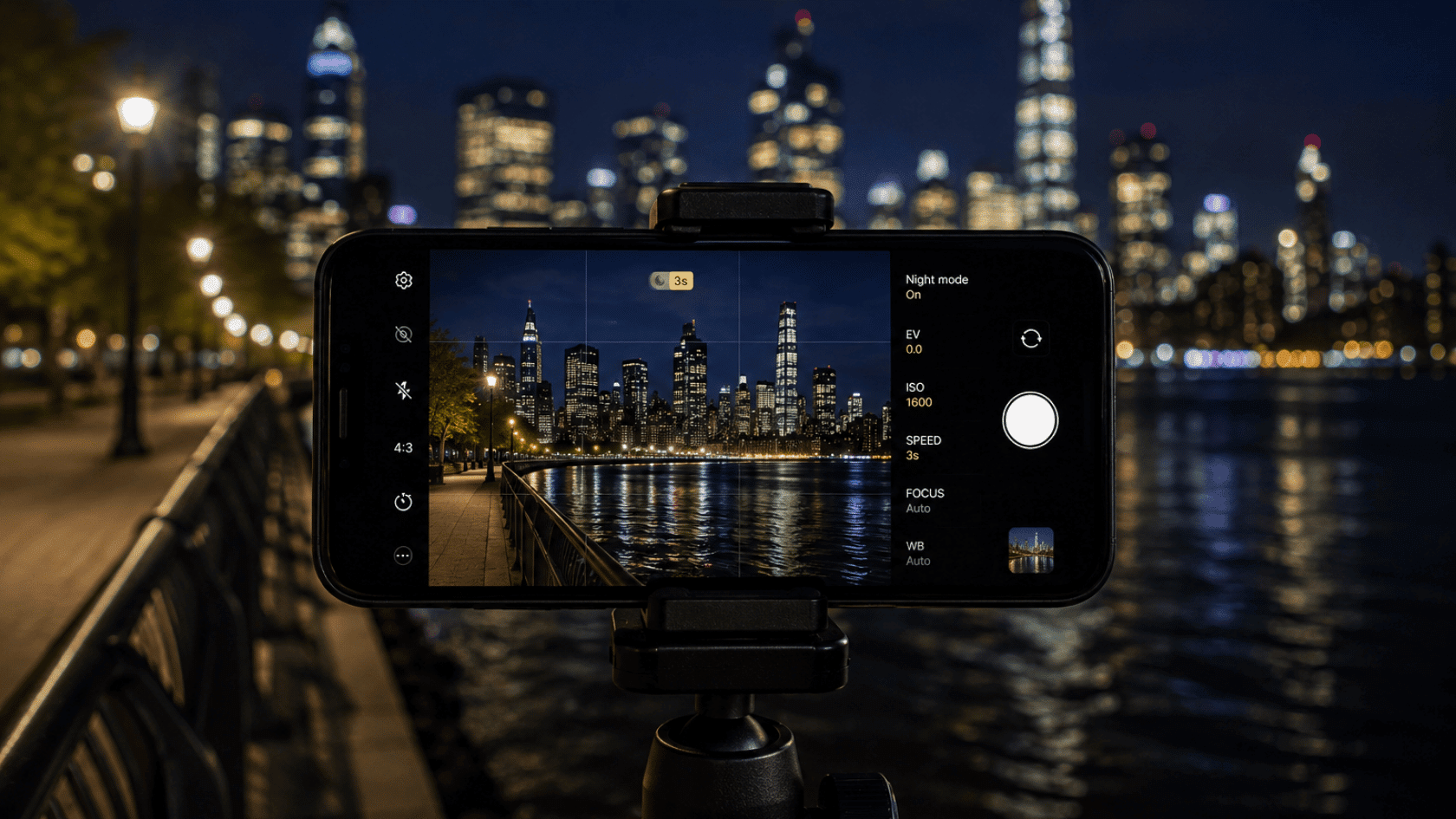 Camera settings for night photography on a tripod-mounted phone capturing a city skyline with ISO 1600 and night mode.