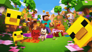 Minecraft characters and animals gathered in a colorful blocky landscape with trees, flowers, and bright scenery.