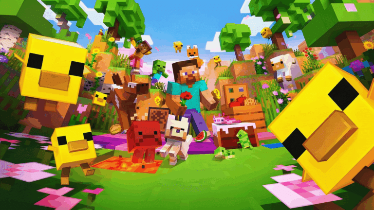 Minecraft characters and animals gathered in a colorful blocky landscape with trees, flowers, and bright scenery.