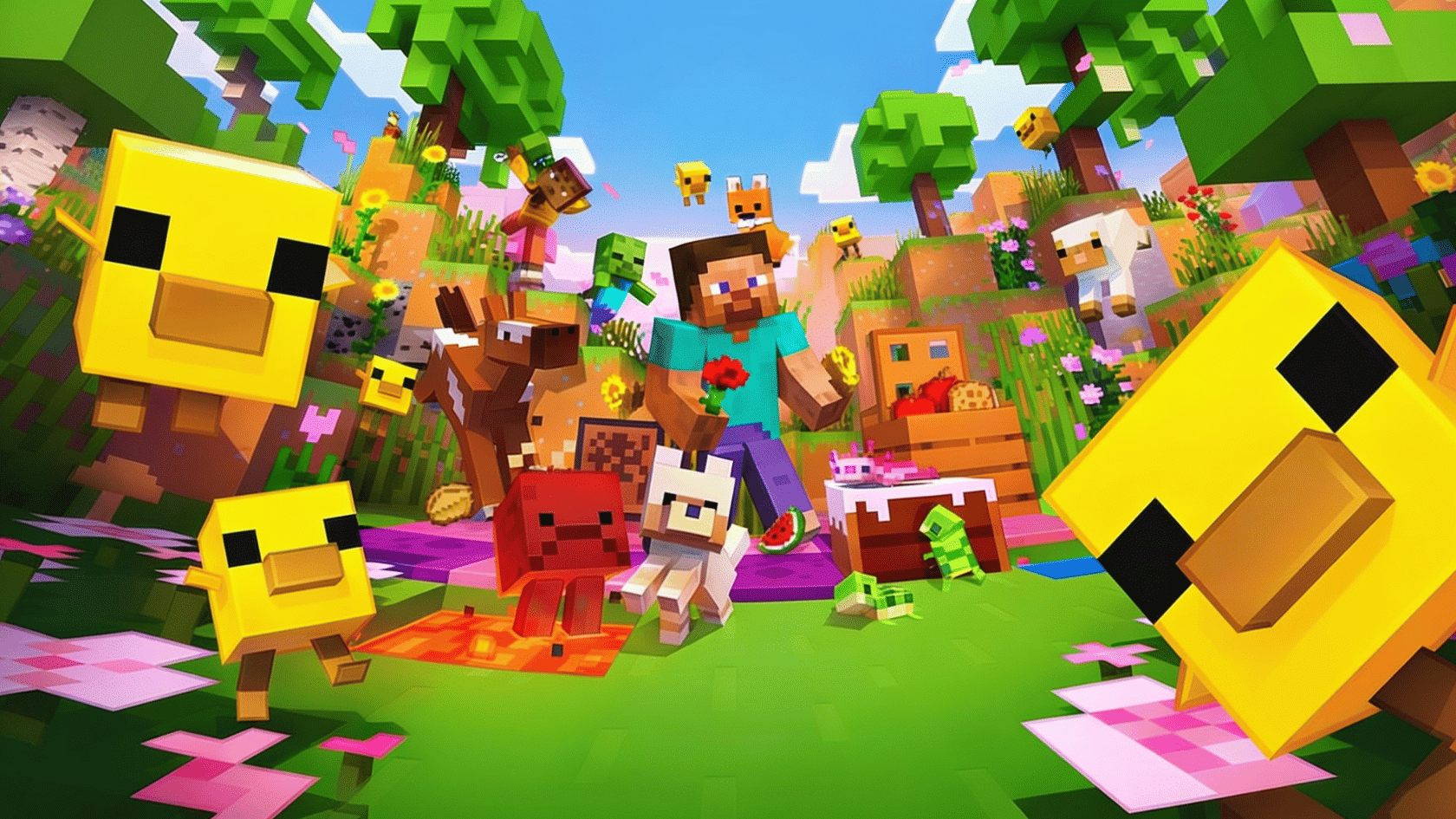 Minecraft characters and animals gathered in a colorful blocky landscape with trees, flowers, and bright scenery.