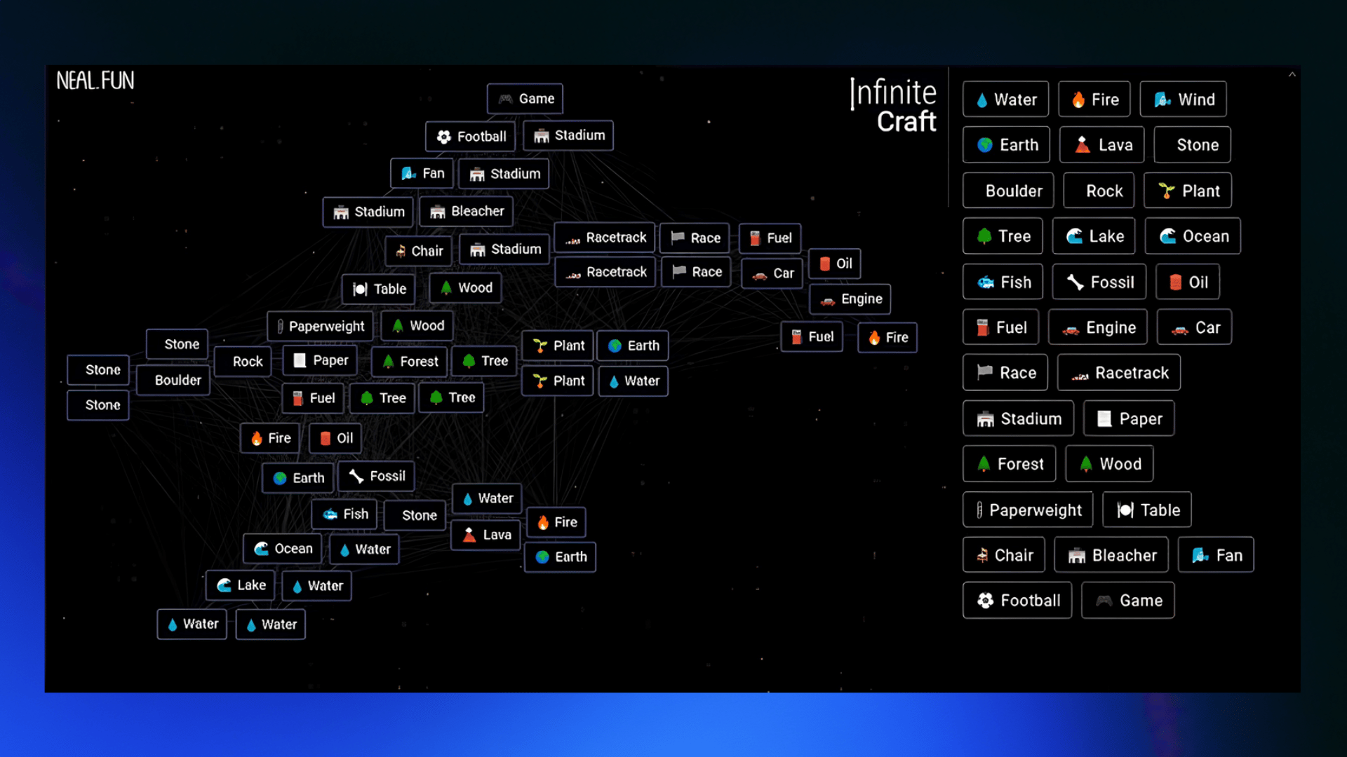 Infinite Craft gameplay screen showing connected crafting elements and a list of discovered items.