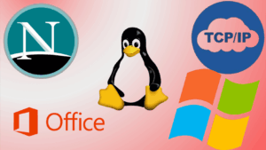 Operating system and network technology logos including Linux, Windows, TCP/IP, and Microsoft Office.