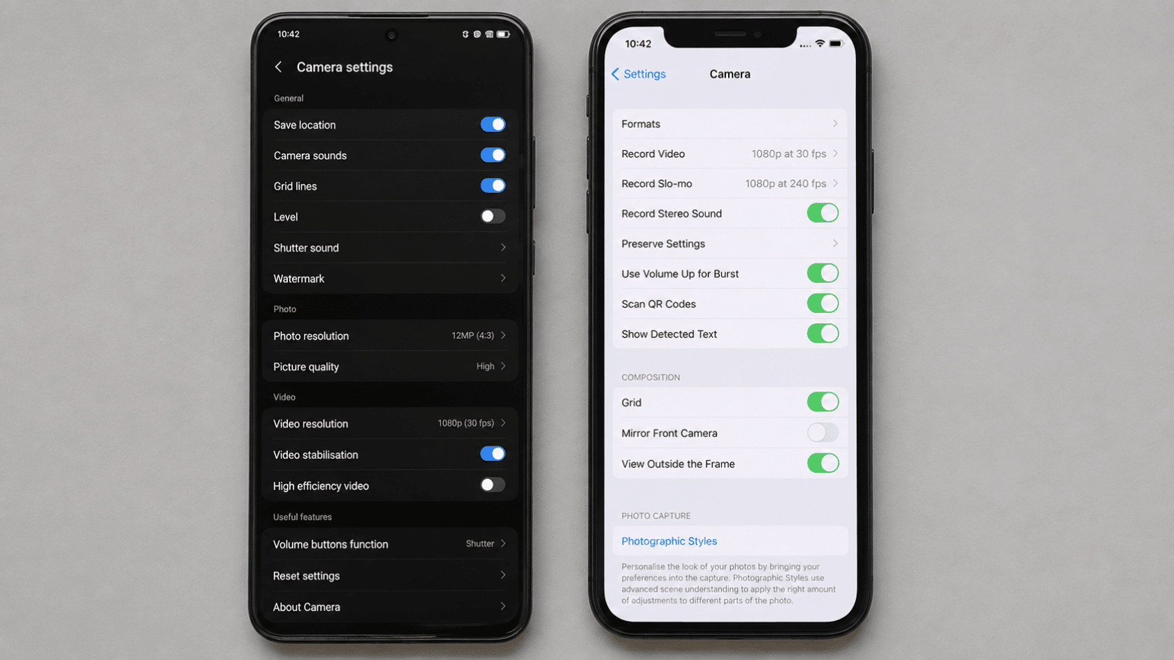 Two phone screens showing Android and iPhone camera settings menus with common camera options.