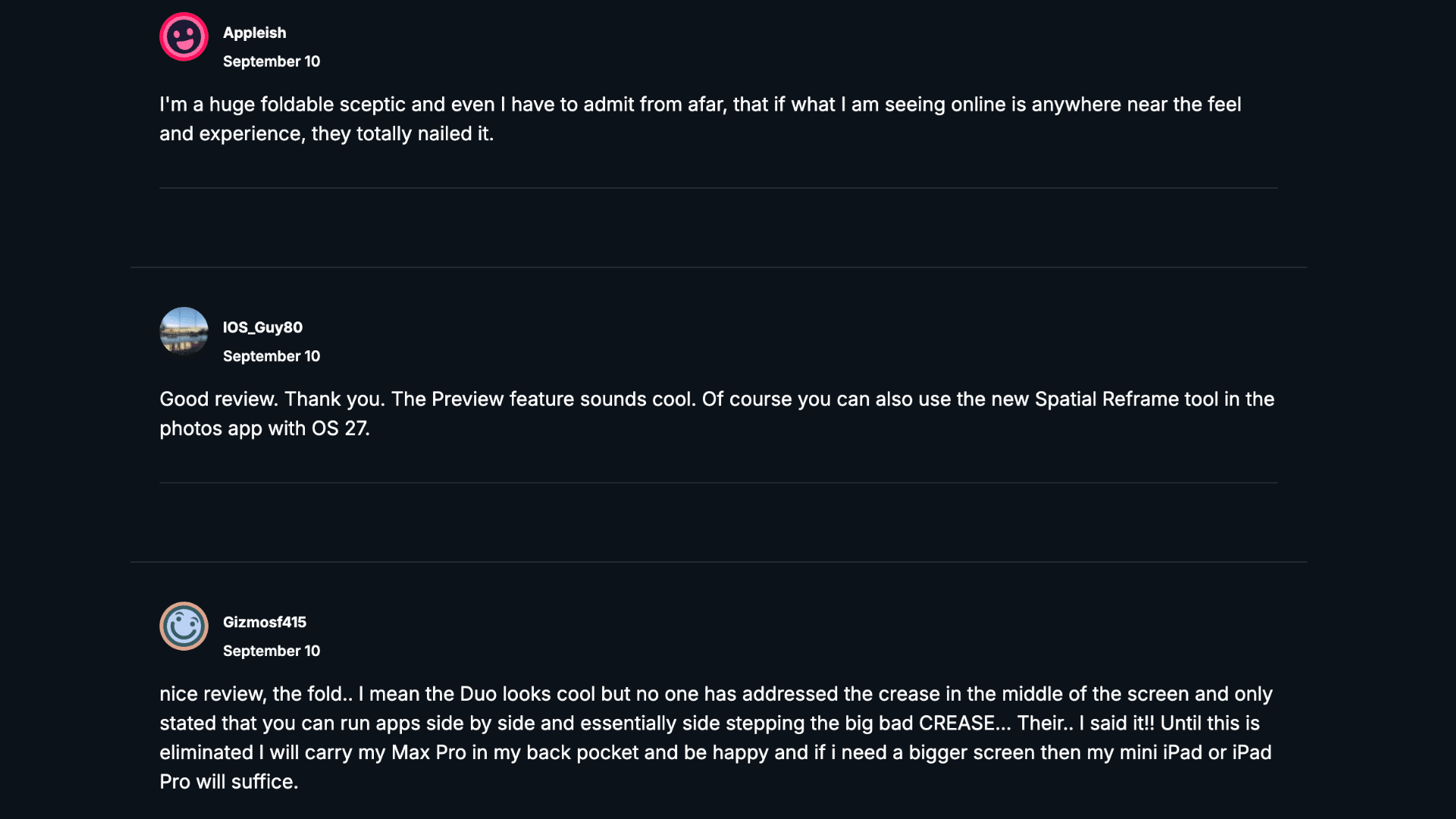 AppleInsider forum users sharing opinions on iPhone Duo hardware, price, and foldable experience