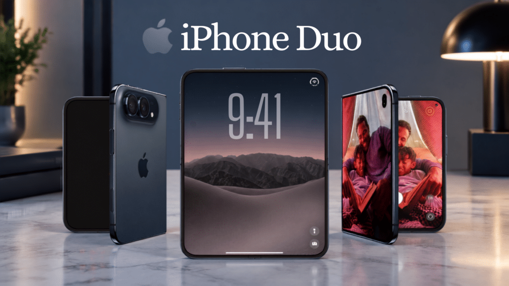 iPhone Duo foldable phone displayed with open and closed screens on a desk setup with iPhone Duo branding background