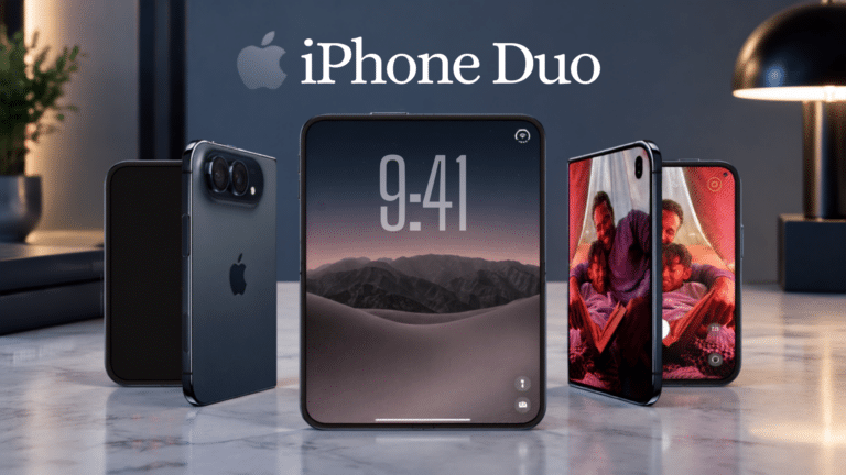 iPhone Duo foldable phone displayed with open and closed screens on a desk setup with iPhone Duo branding background