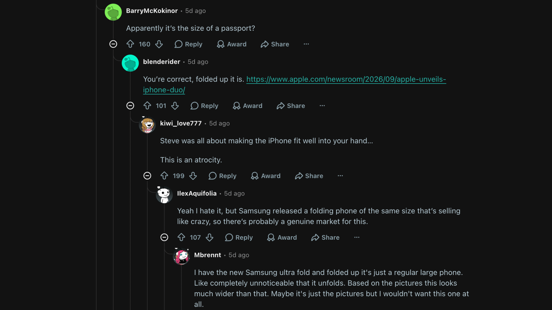 Reddit users discussing iPhone Duo price, design, foldable features, and first impressions and comparison with Samsung Flip