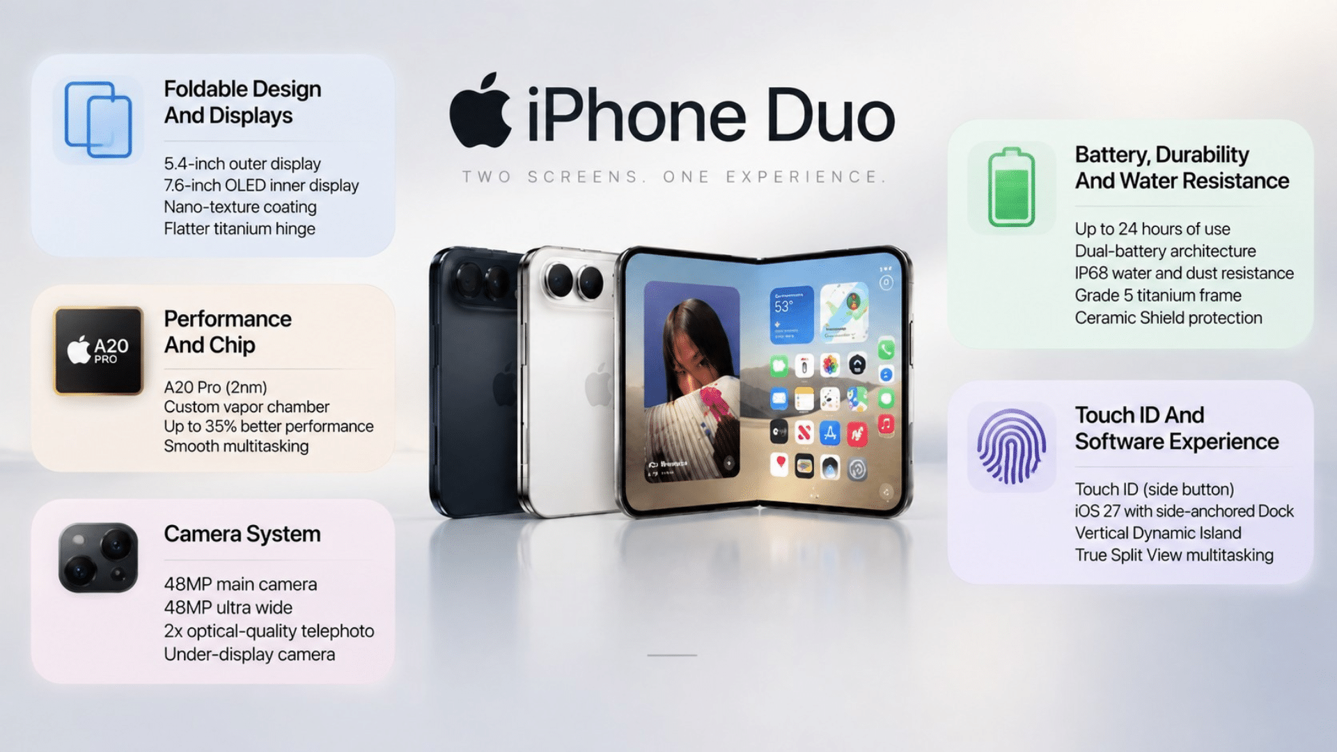 iPhone Duo foldable phone with feature panels showing display, A20 Pro chip, camera, battery, and software details