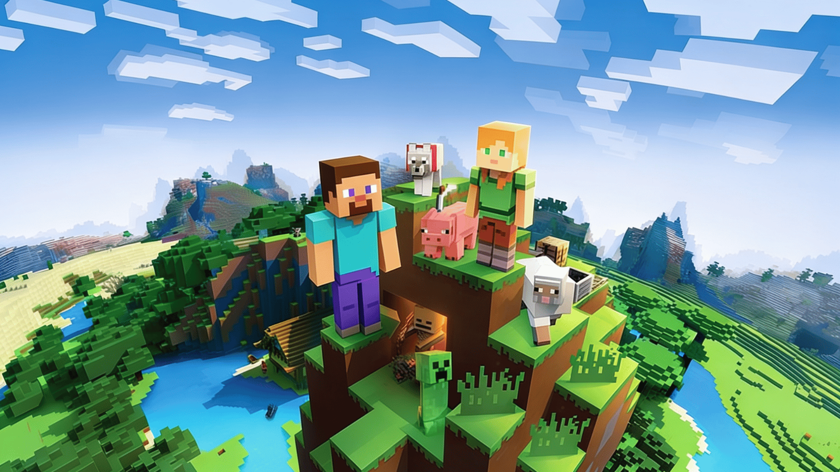 Minecraft landscape with block characters, animals, and a green mountain scene under a bright blue sky.