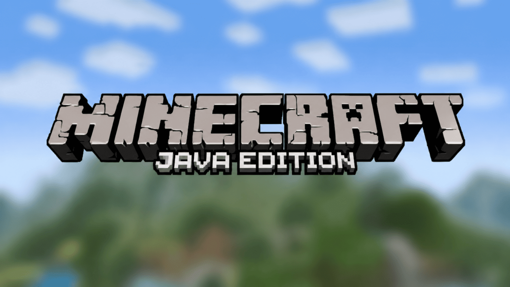 Minecraft Java Edition logo over a blurred blocky landscape background with blue sky and green terrain.