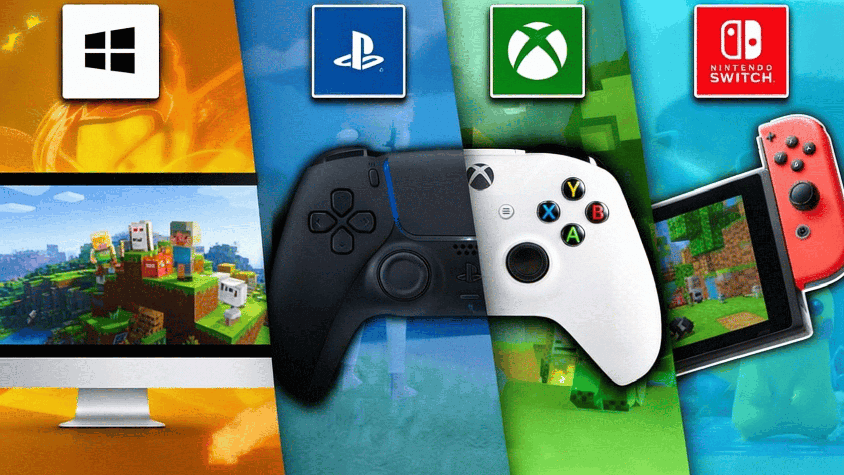 Gaming platforms featuring Minecraft gameplay across PC, PlayStation, Xbox, and Nintendo Switch consoles.