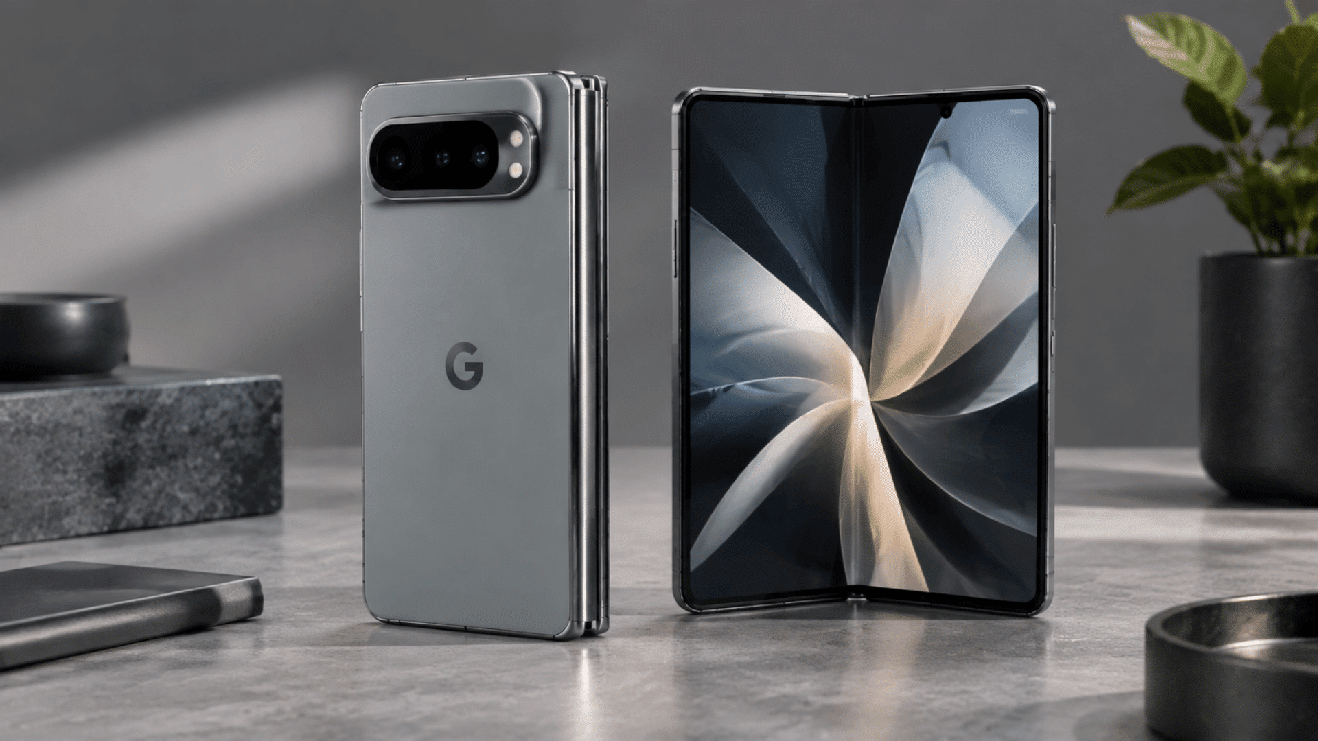 Google Pixel foldable phone open and folded on a table.