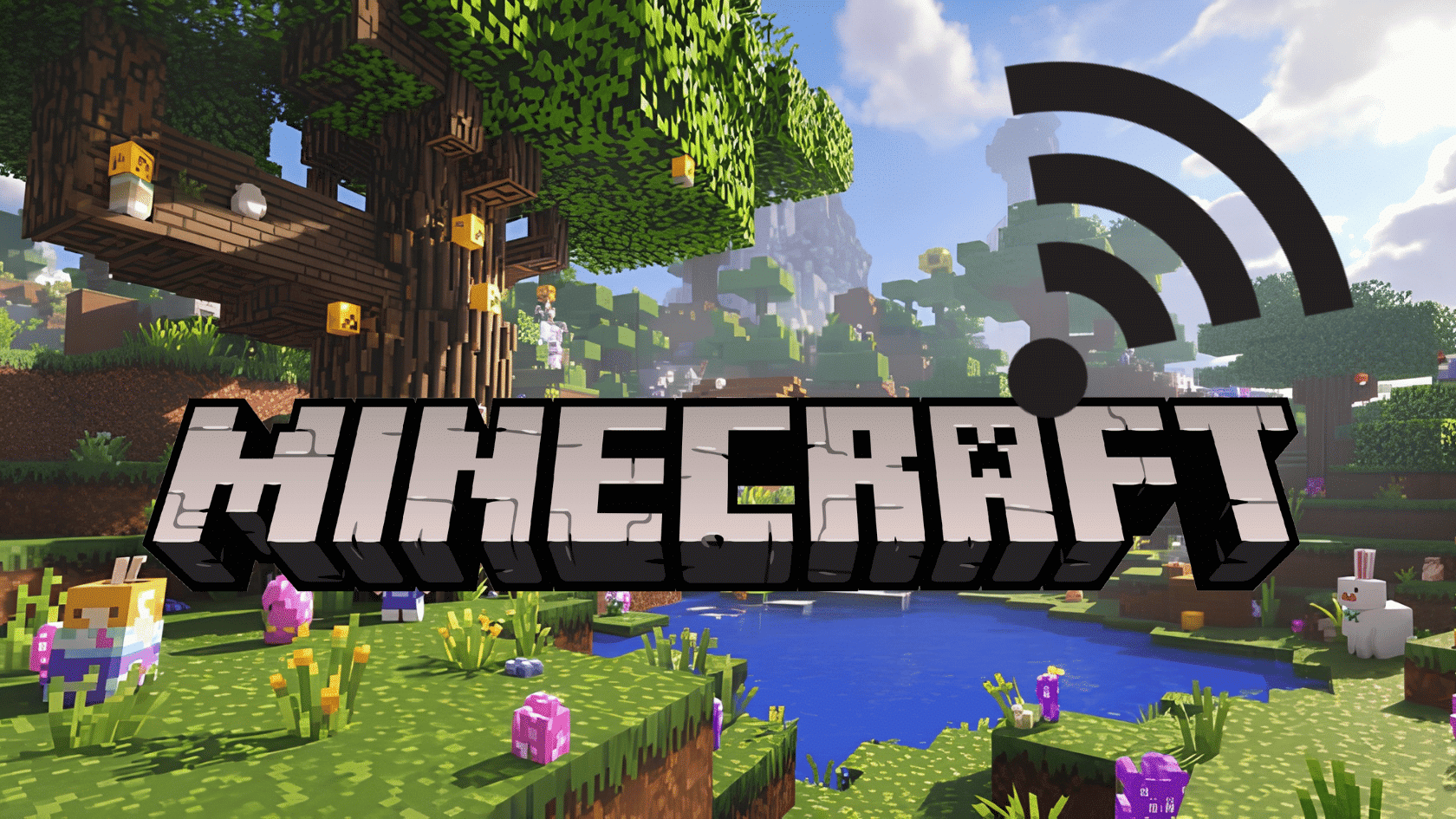 Minecraft logo over a lush blocky forest landscape with a treehouse, river, and in-game scenery.