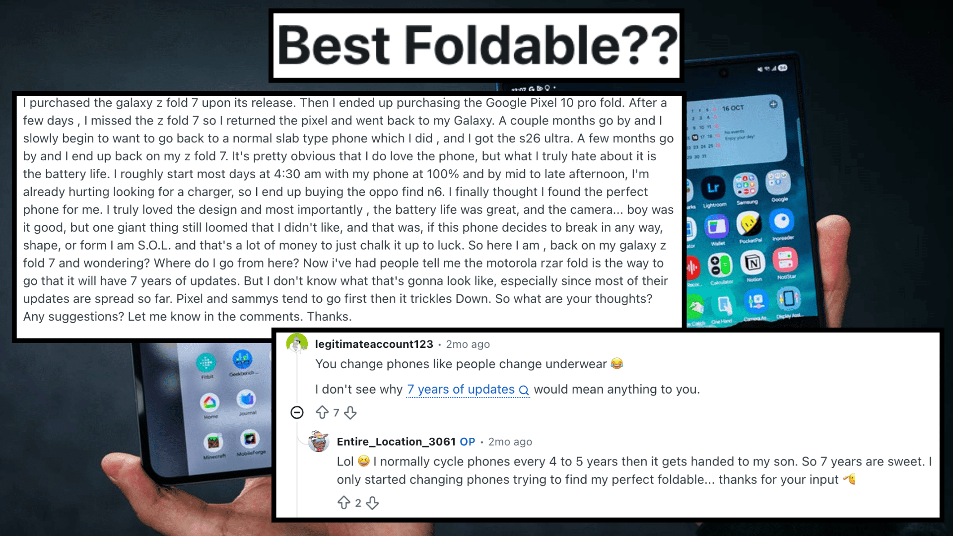 Reddit discussion about the best foldable phone with users comparing Samsung Galaxy Z Fold and other foldable devices