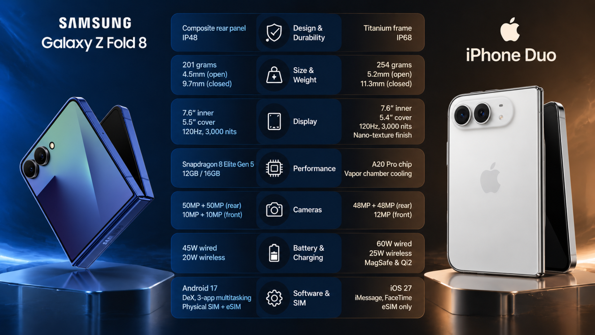 Samsung Fold vs iPhone Duo specification comparison showing foldable phones with displays, cameras, chips, battery, and features