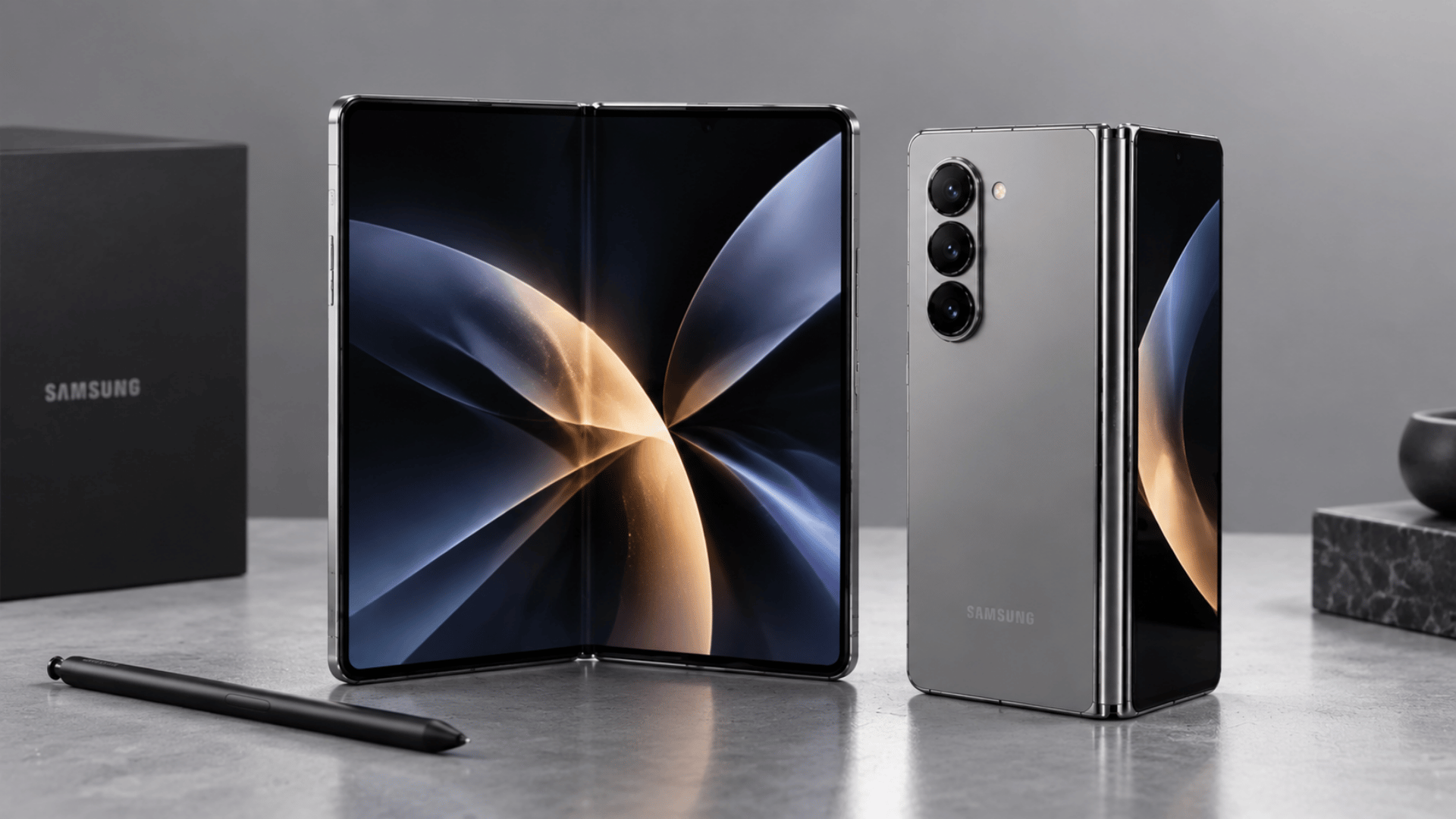 Samsung foldable phones open and folded beside a stylus on a table, illustrating the best foldable phone