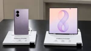 samsung z fold 8 release date display showing folded and opened galaxy z fold8 phones on retail stands.