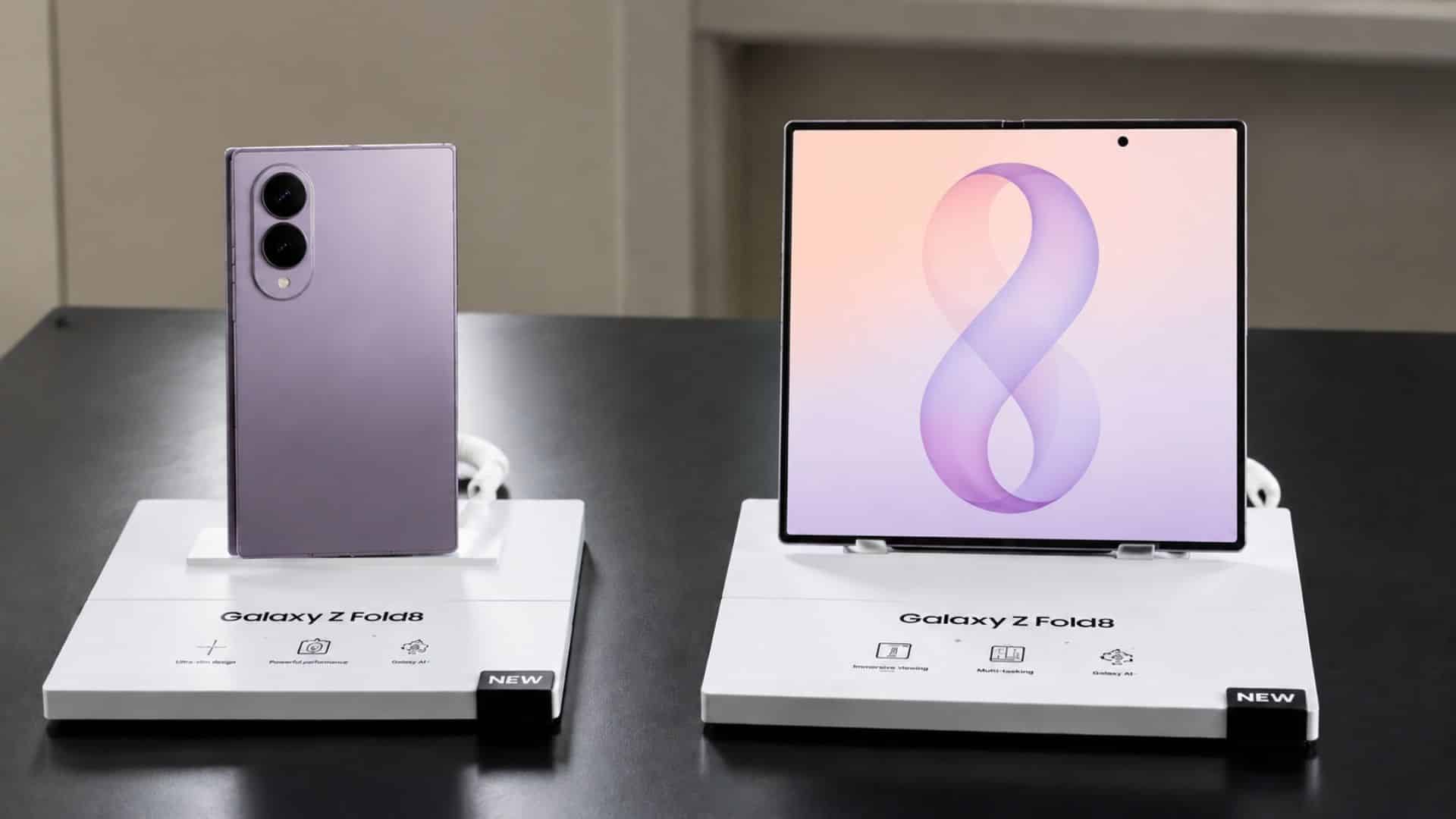 samsung z fold 8 release date display showing folded and opened galaxy z fold8 phones on retail stands.