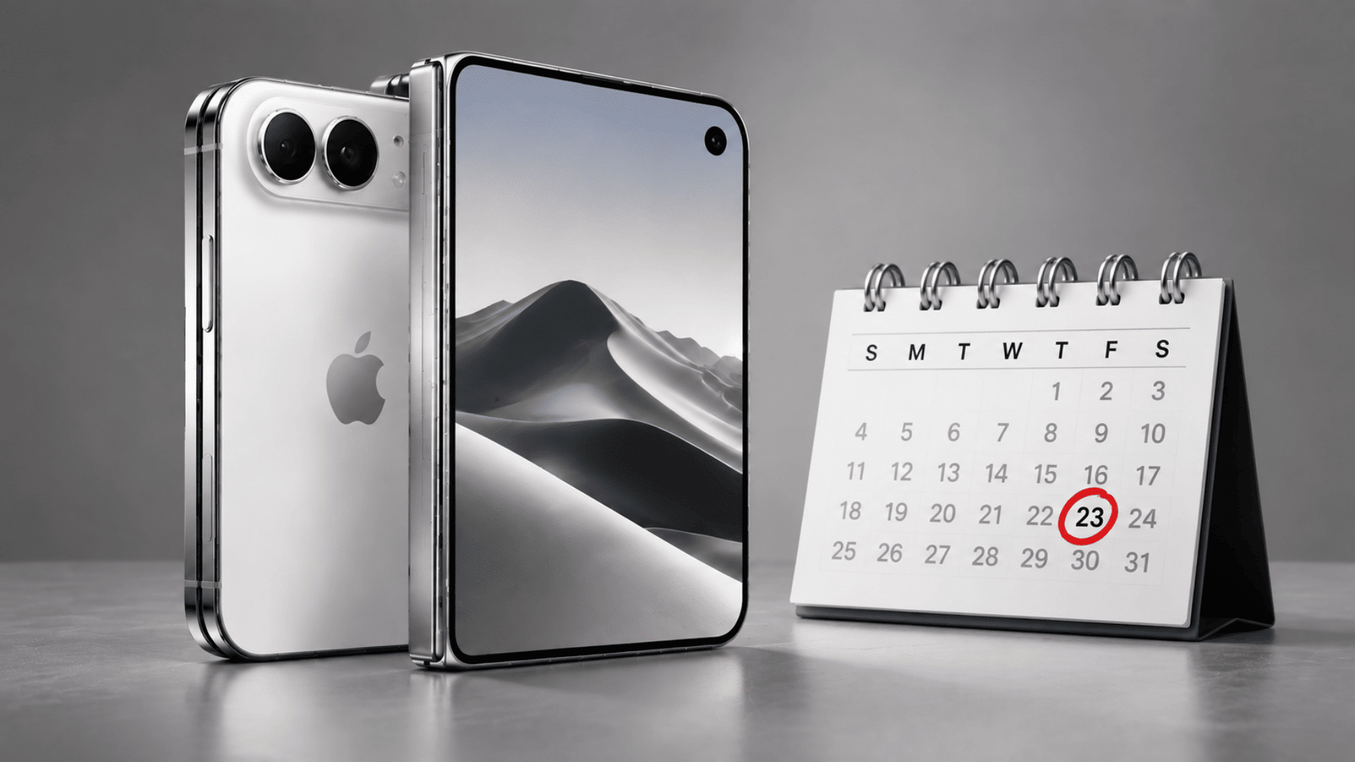 Foldable iPhone release date with a foldable phone beside a calendar marking 23 on a grey studio background
